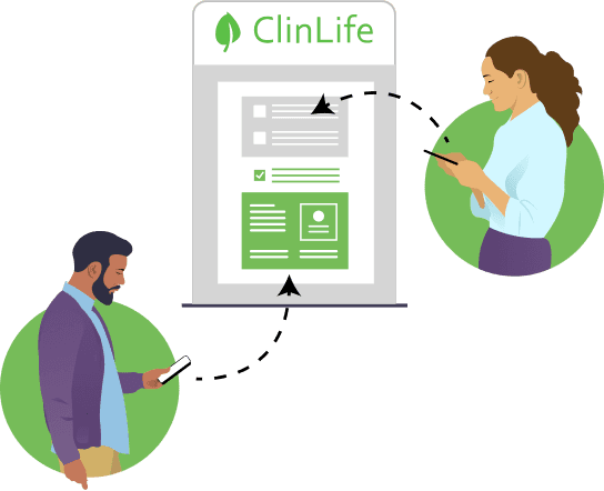 Graphic of two people communicating with health institution.